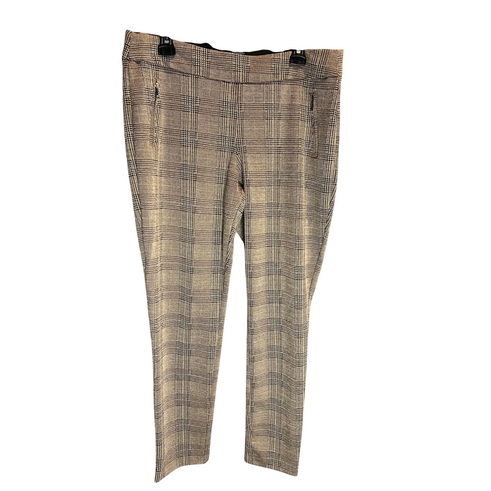 Massini Womens Glen Plaid Pull On Dress Pants Brown Black Size L Zip Pockets